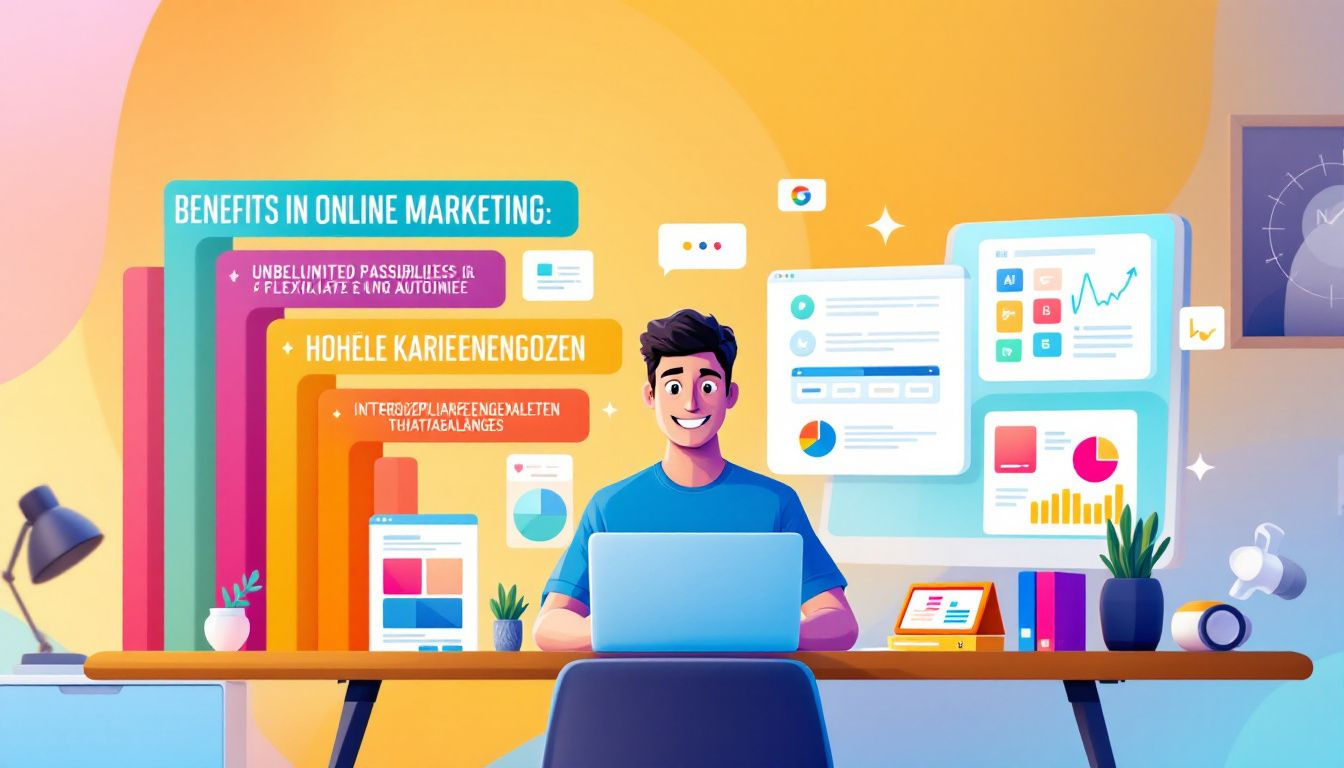 Vorteile einer Karriere als Online Marketing Spezialist, dargestellt in einer Infografik.