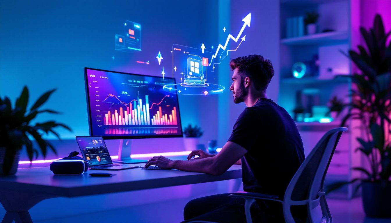 Ein Online Marketing Spezialist bei der Arbeit, umgeben von digitalen Marketingtools.